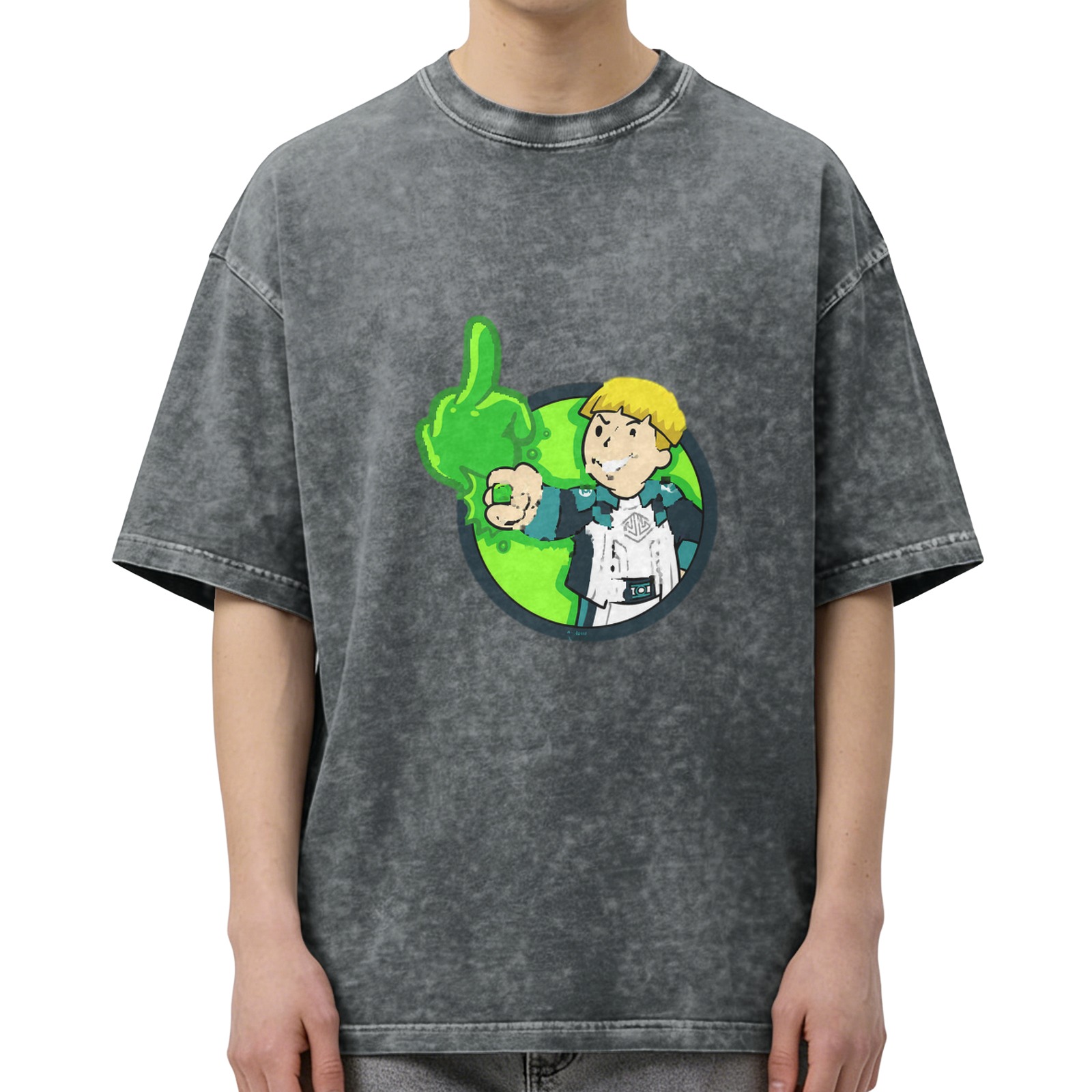 Oversized Acid Wash T-Shirt With Cartoon Character And Green Slime Graphic