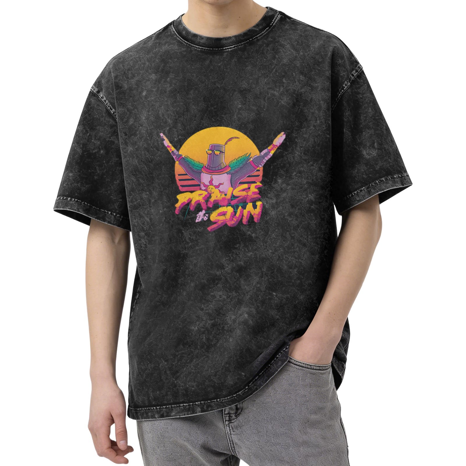 Distressed black short-sleeved T-shirt Retro style compliments Sun Rider printed top