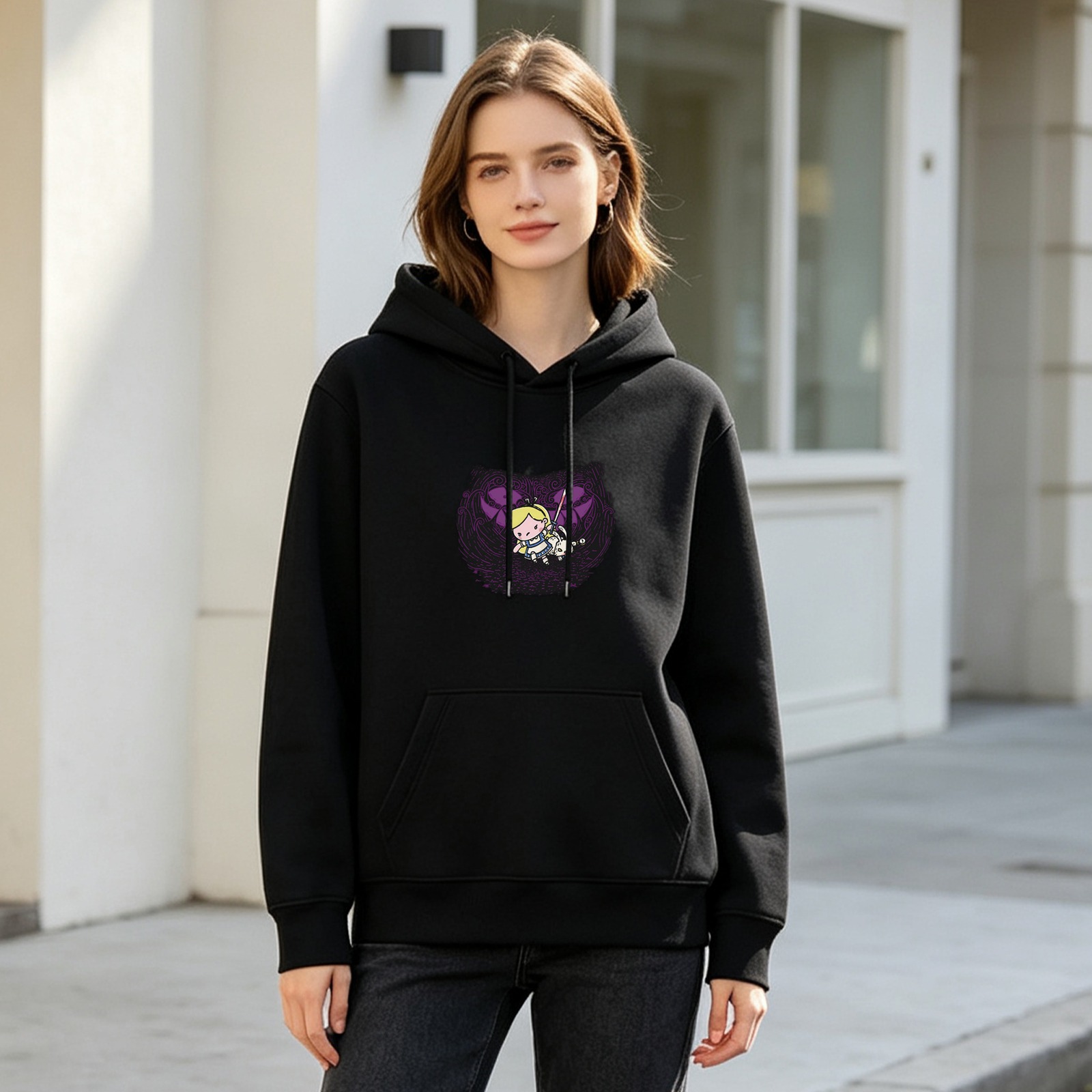 Black hoodie with chibi Alice in Wonderland graphic print