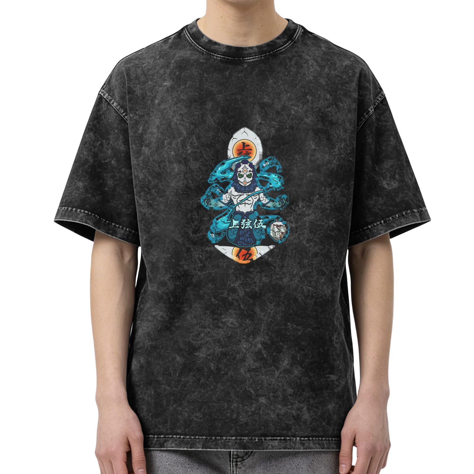 Oversized Dark Wash Anime Graphic T-Shirt with Demon Slayer Character Art