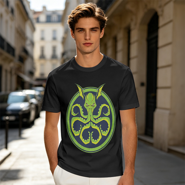 Olive Green T-Shirt with Octopus Demon Graphic Print