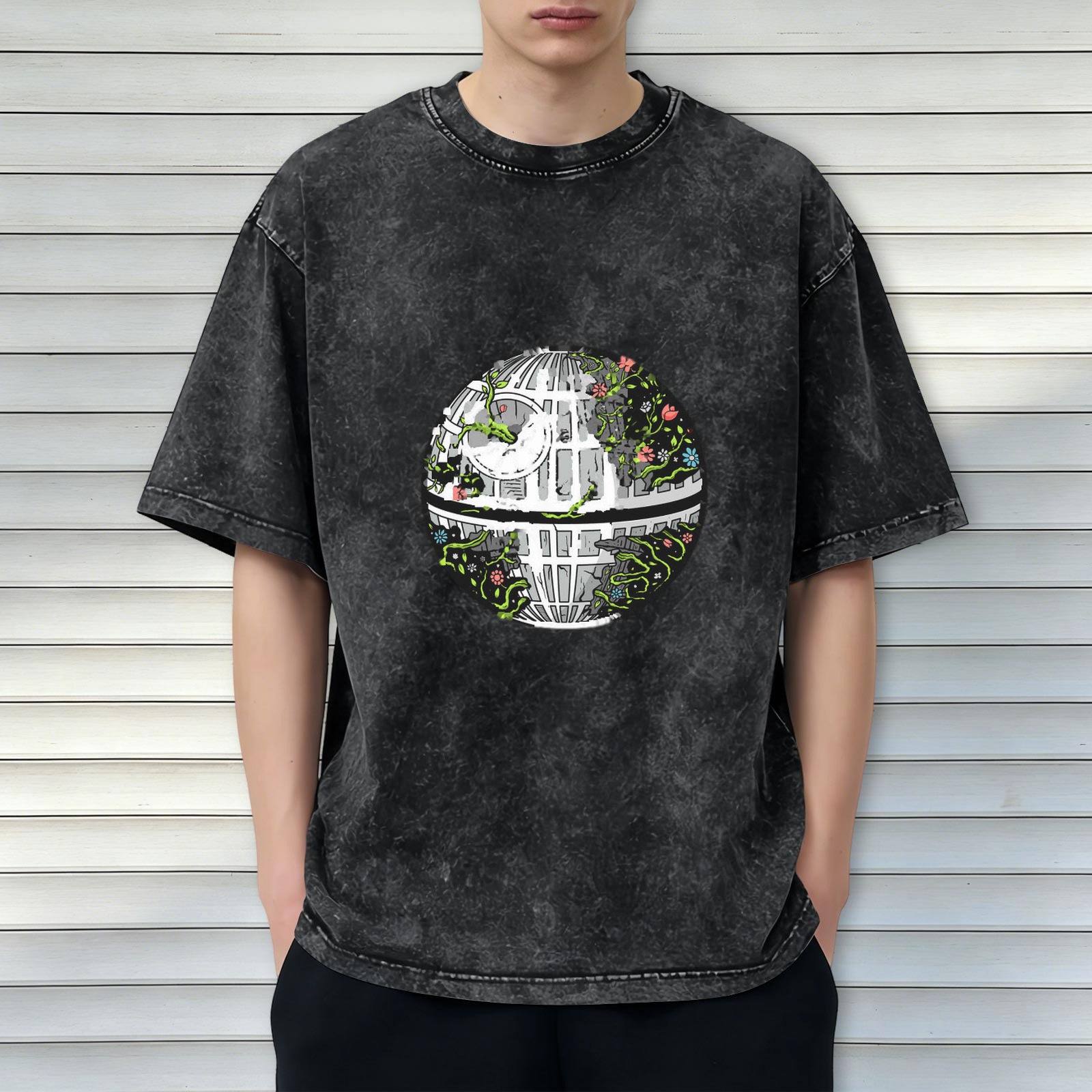 Oversized Acid Wash T-Shirt with Overgrown Death Star Graphic