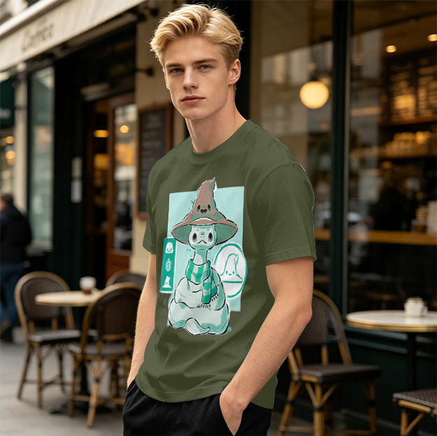 Olive T-Shirt With Cute Wizard Snake Graphic Design