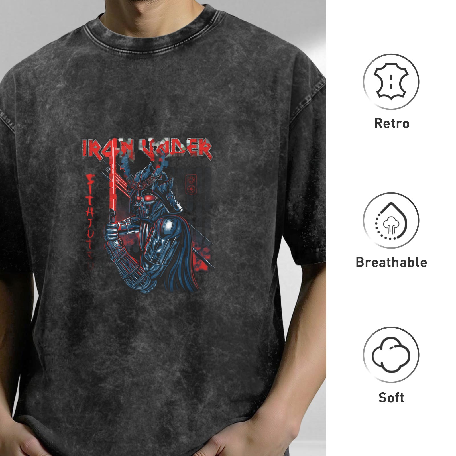 Oversized Acid Wash T-Shirt with Samurai Darth Vader Iron Vader Graphic