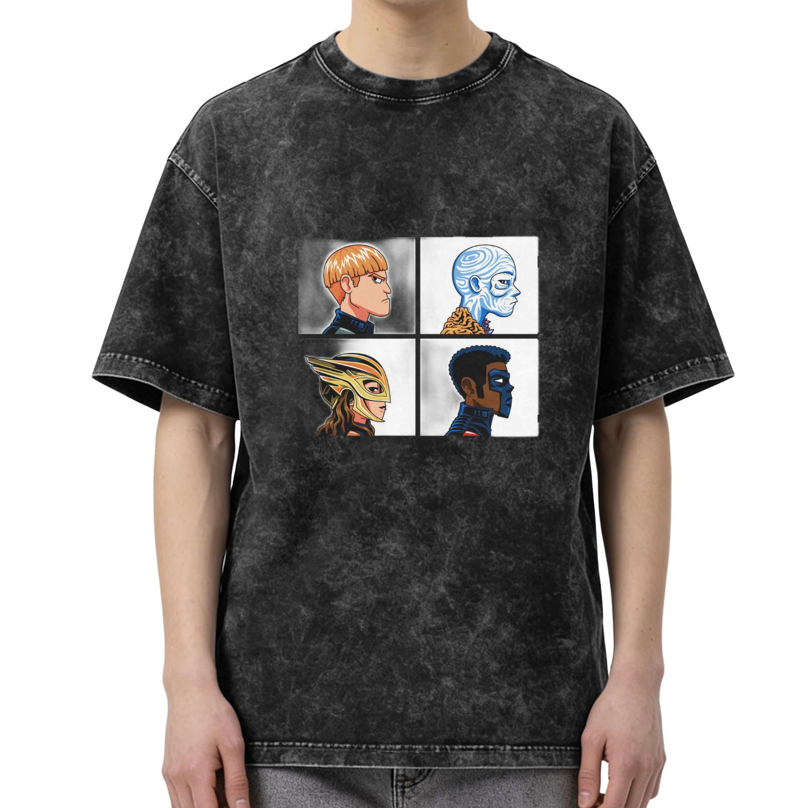 Oversized Dark Wash T-Shirt With Four Superhero Character Portraits