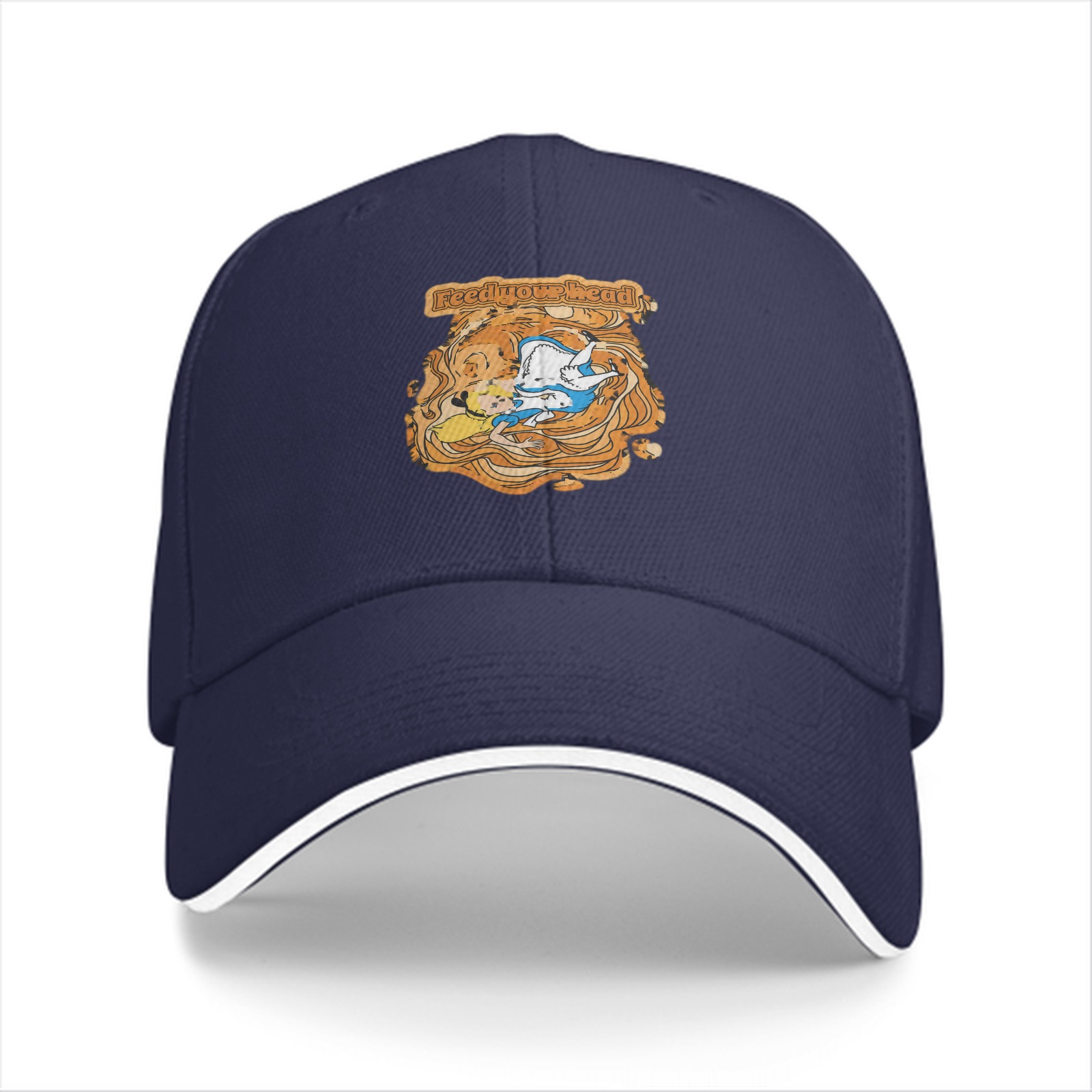 Black baseball cap with whimsical illustrated character design