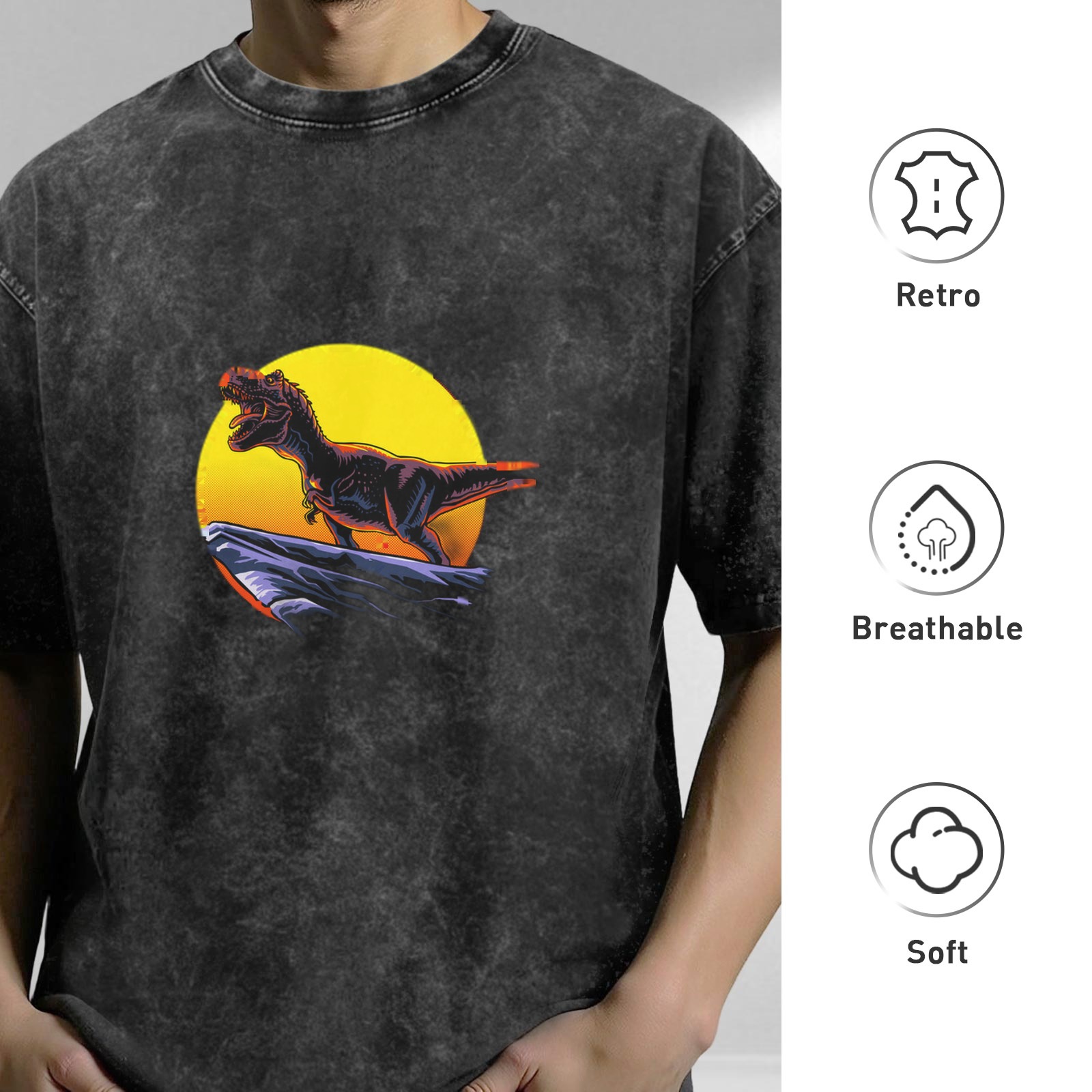 Oversized Acid Wash T-Shirt with T-Rex Sunset Graphic