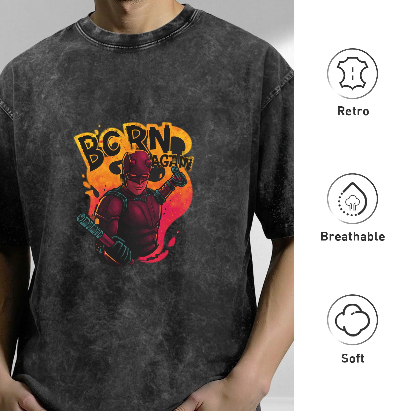 Oversized Dark Wash T-Shirt With Daredevil Born Again Graphic Print