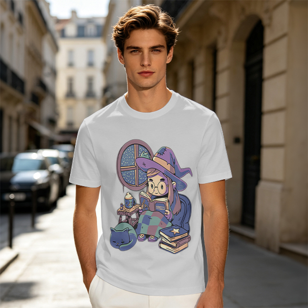 Olive t-shirt with cozy reading witch and cat graphic