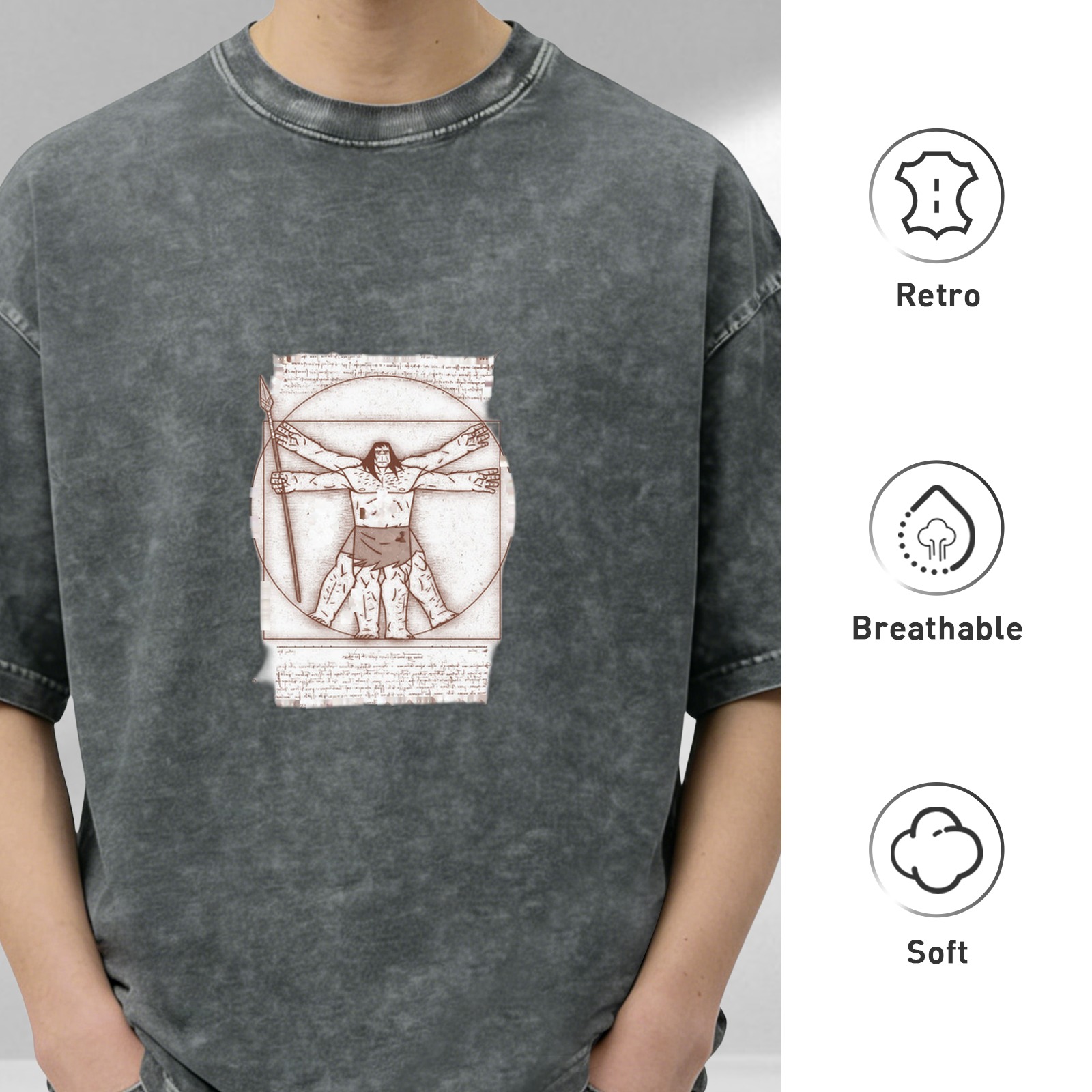 Oversized Acid Wash T-Shirt With Vitruvian Barbarian Print
