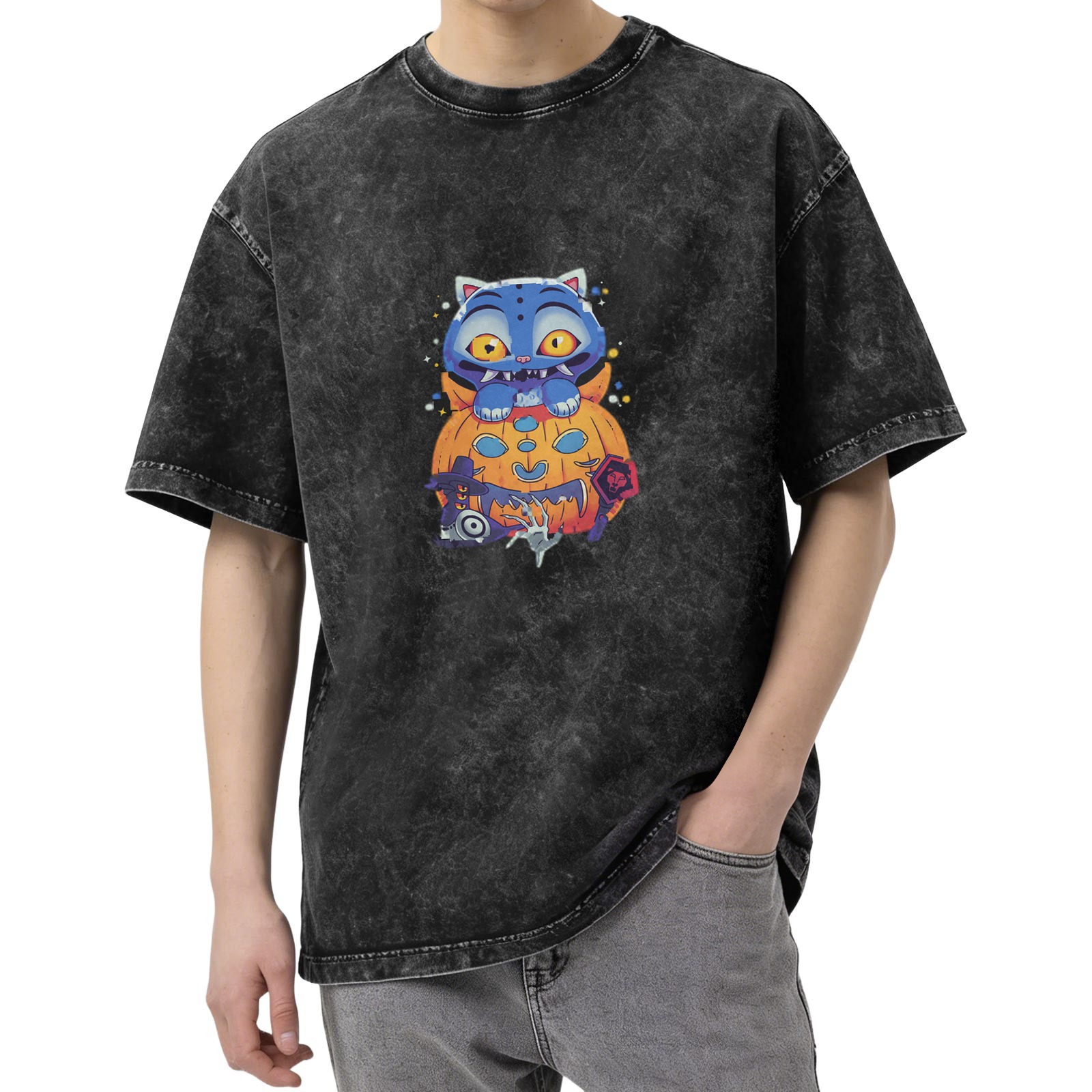 Oversized dark washed graphic t-shirt with spooky Halloween cat and pumpkin