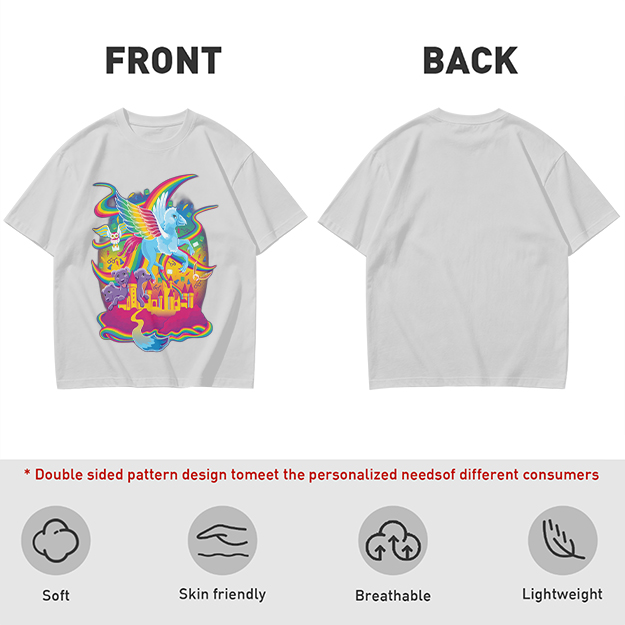 Olive T-Shirt With Whimsical Rainbow Fantasy Creature Castle Art