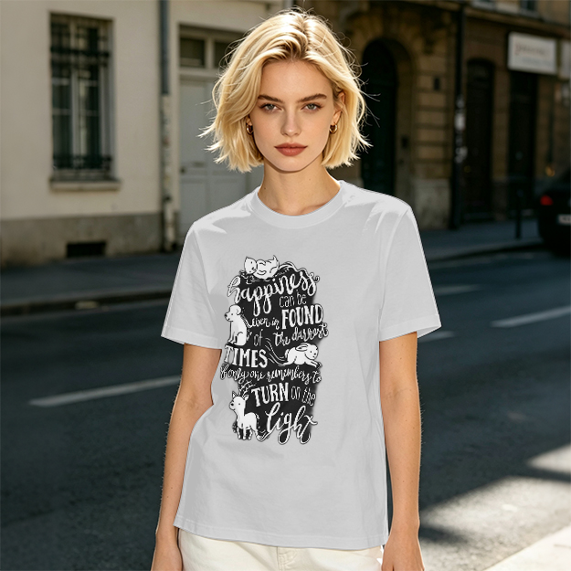 Olive t-shirt with happiness quote and animal illustrations