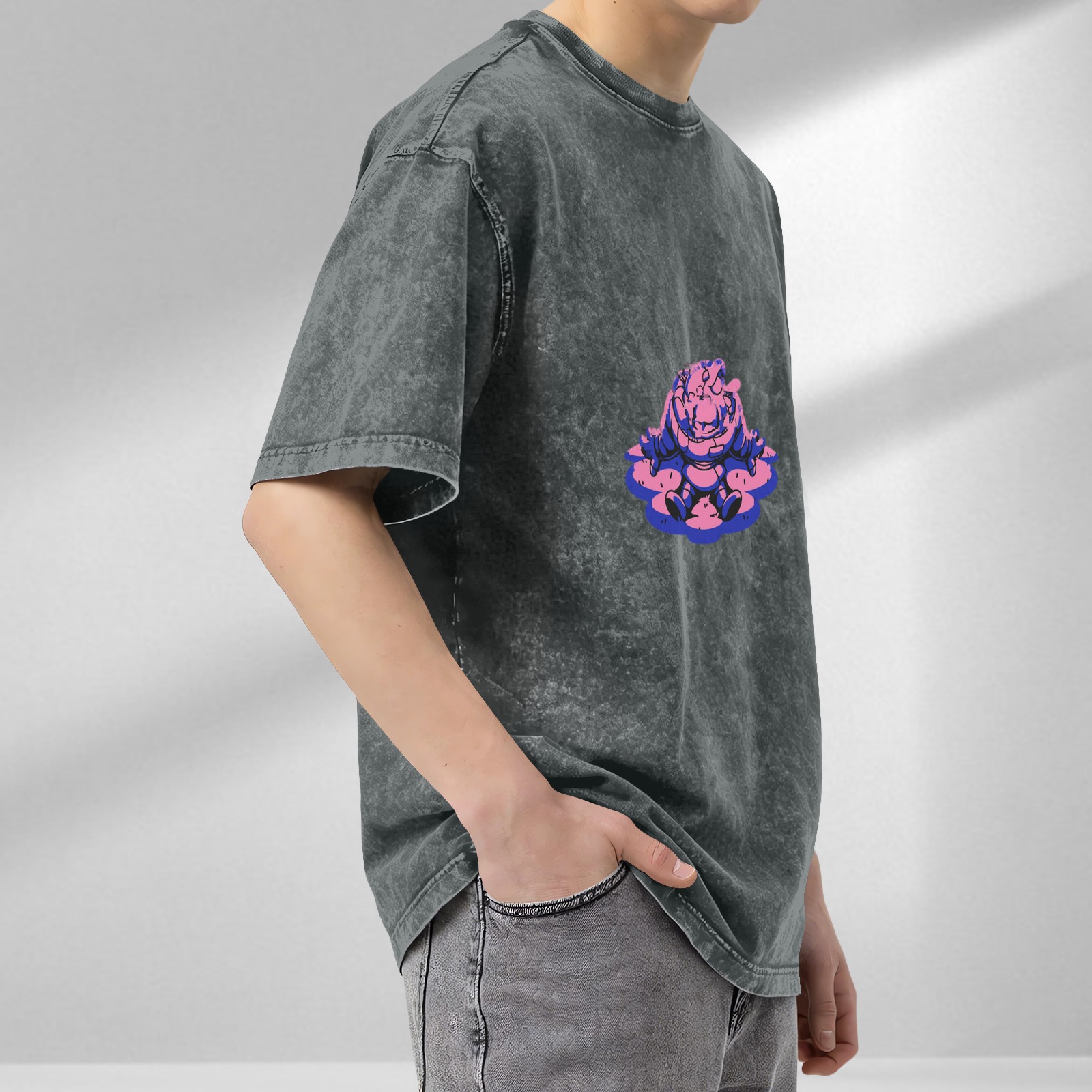 Oversized Acid Wash T-Shirt With Meditating Cartoon Character Print