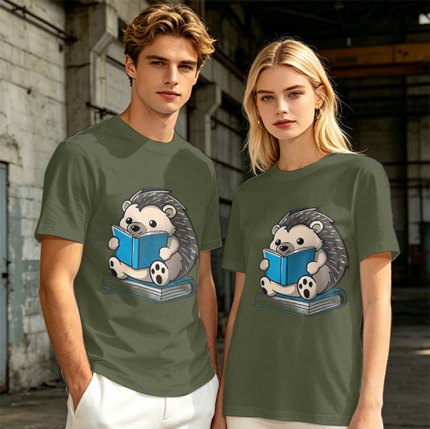 Olive T-shirt with Cute Hedgehog Reading a Book Graphic