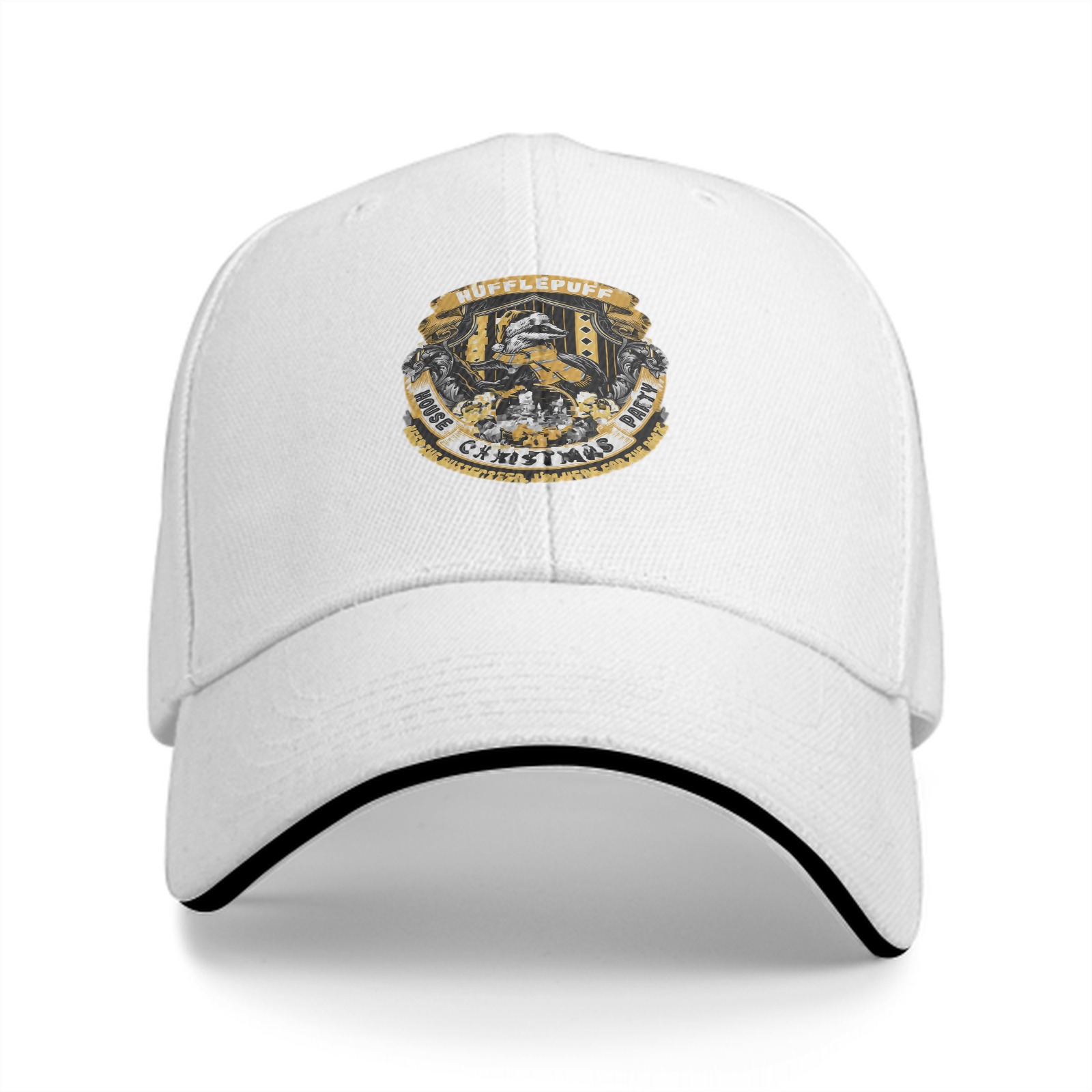 Black baseball cap with Hufflepuff Christmas House Party crest