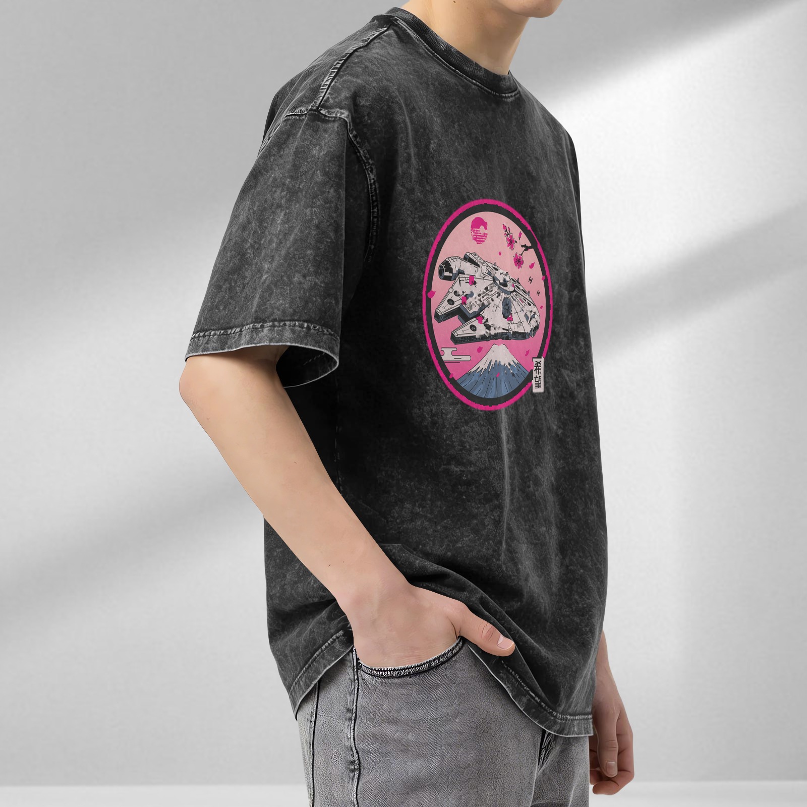 Star Wars Millennium Falcon Japanese Sakura Mount Fuji Acid Wash Oversized T-Shirt