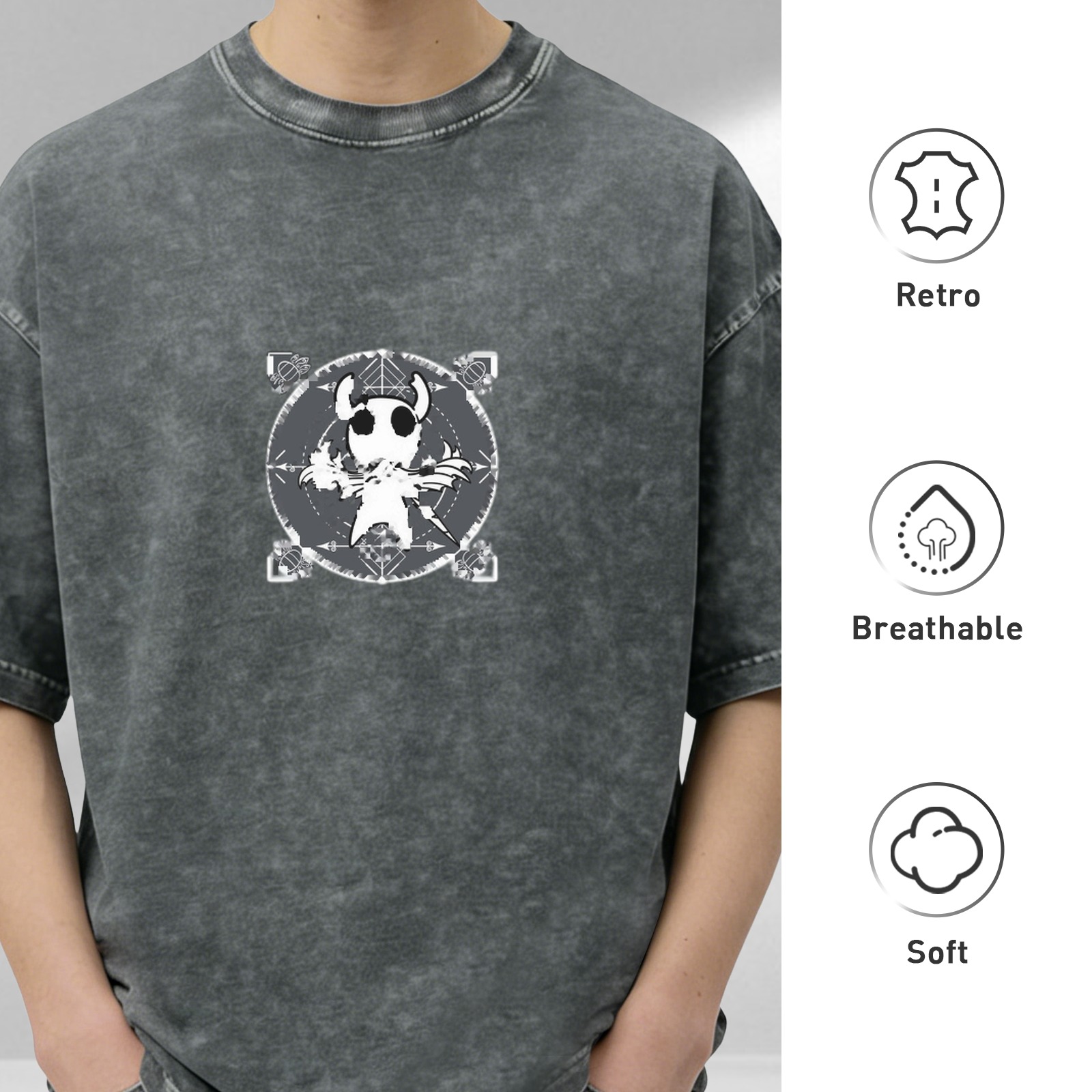 Hollow Knight themed distressed washed black loose short-sleeved T-shirt