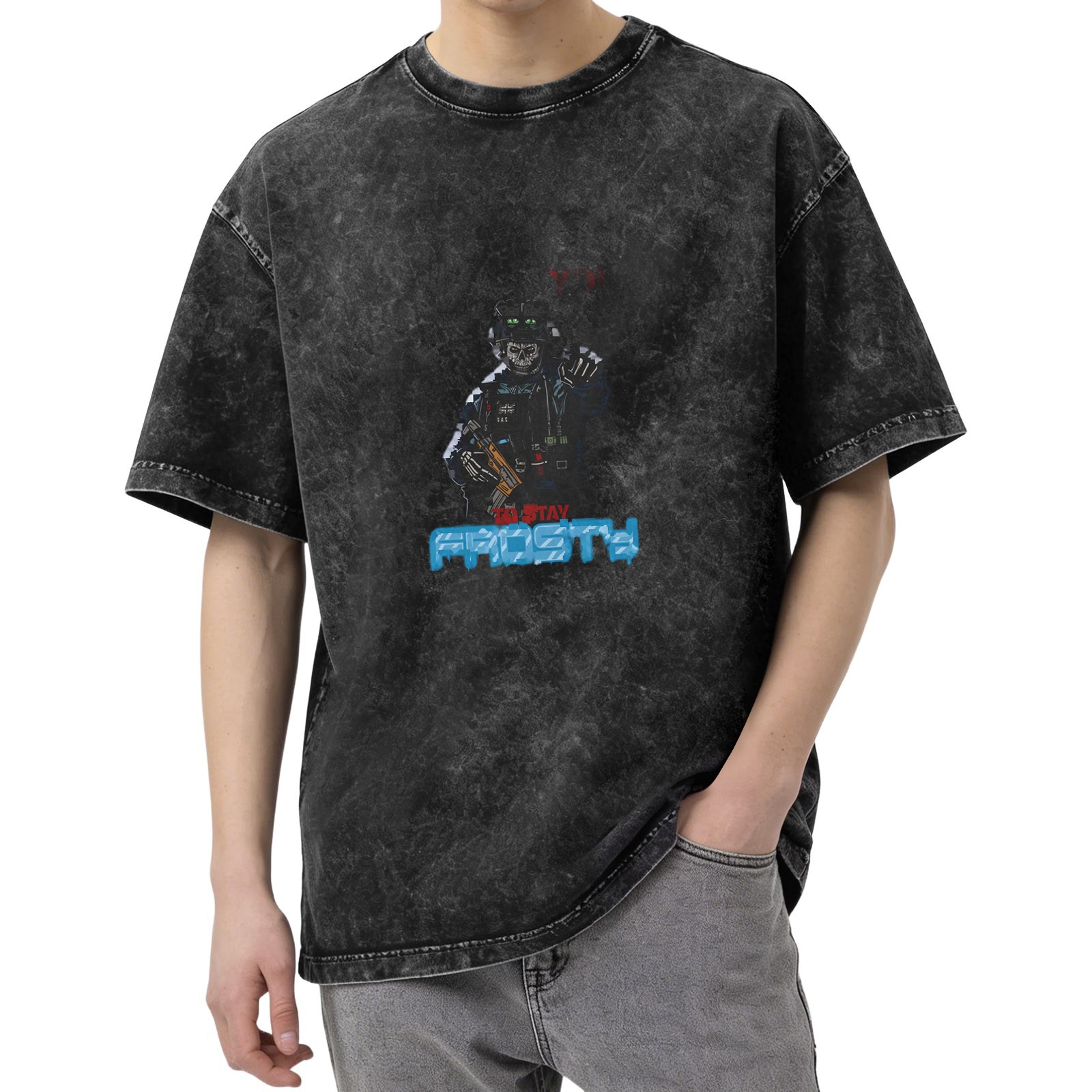 Oversized Dark Wash Graphic Tee with Stay Frosty Skeleton Soldier Print