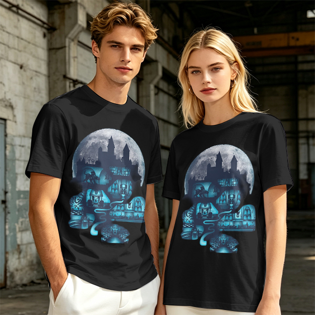 Olive T-Shirt With Glowing Castle Moon Night Graphic Print