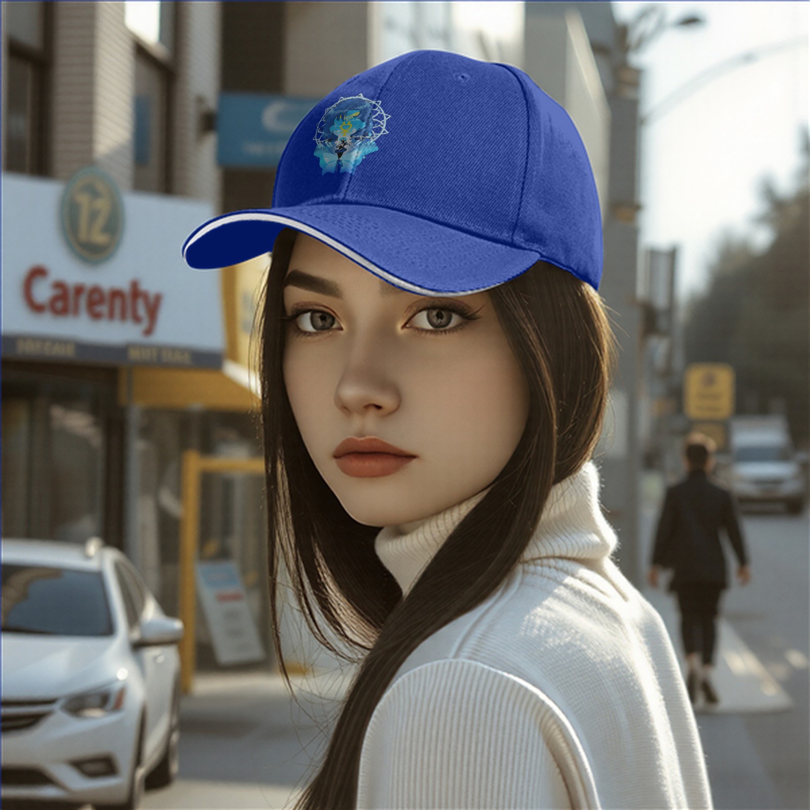 Black Baseball Cap With Blue Anime Character Art Print