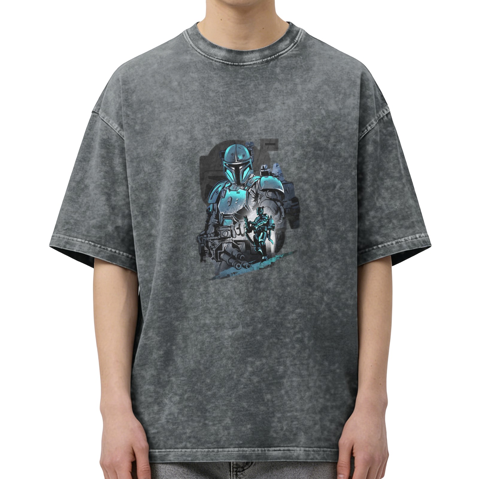 Distressed Black Mandalorian Print Short Sleeve T-Shirt