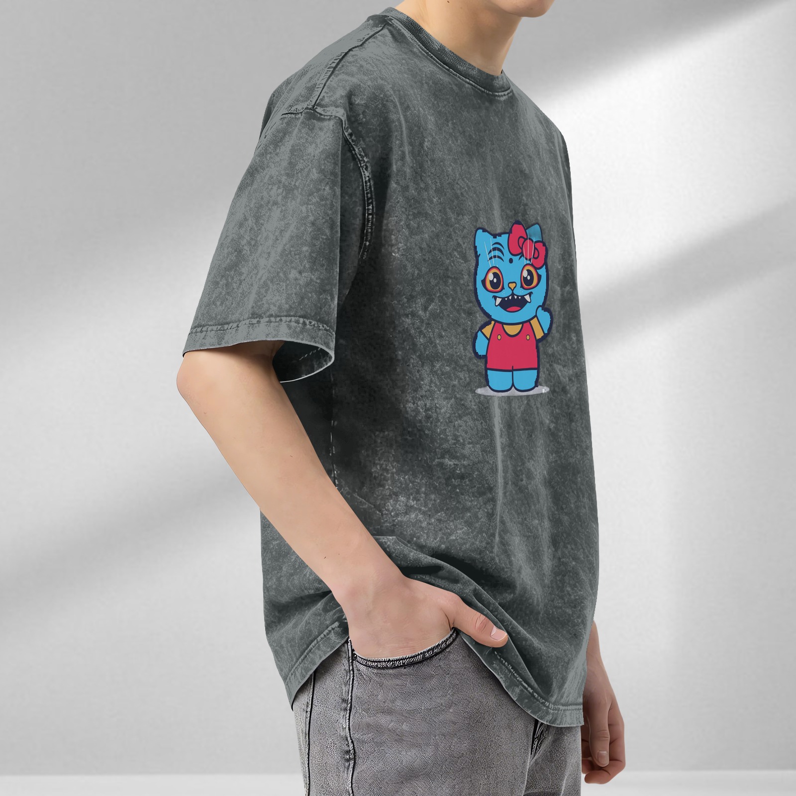 Oversized Acid Wash T-Shirt With Cute Blue Cat Graphic Print