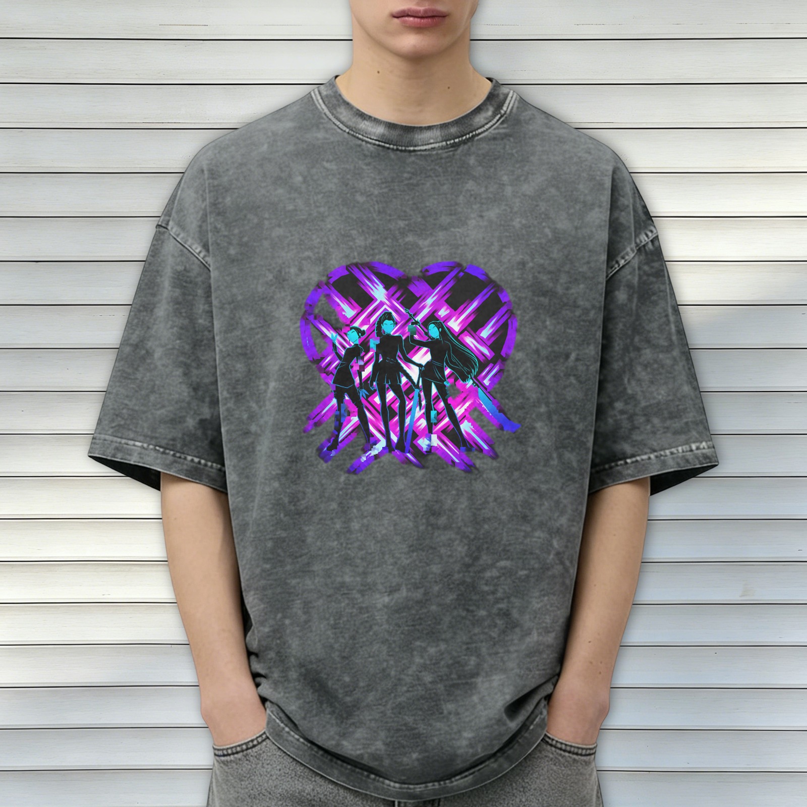 Washed Black T-Shirt with Neon Purple Heart and Three Stylized Figures Graphic