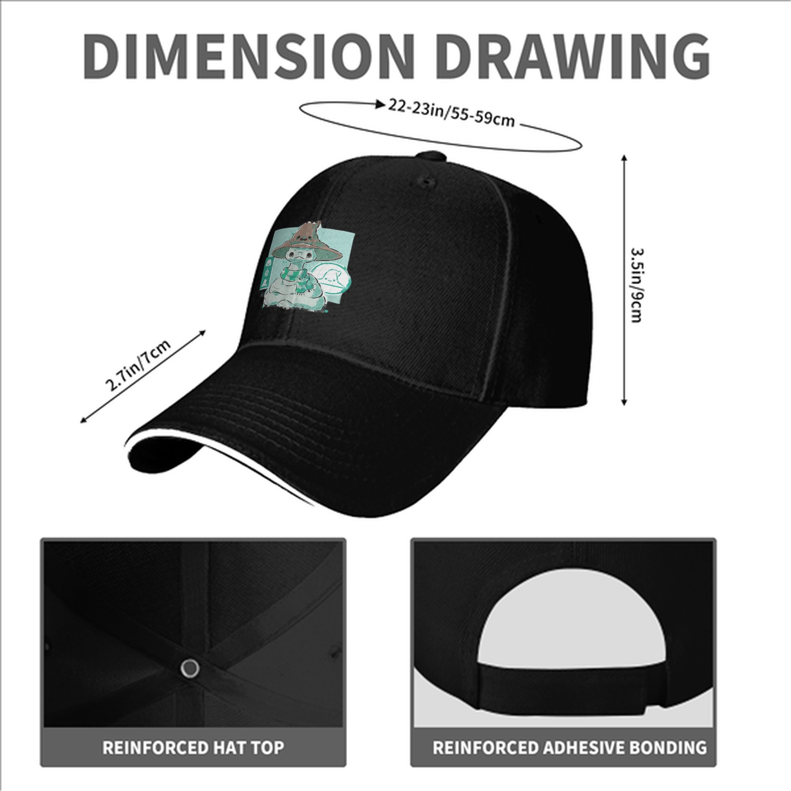 Black Baseball Cap With Cute Witch Snake Character Graphic