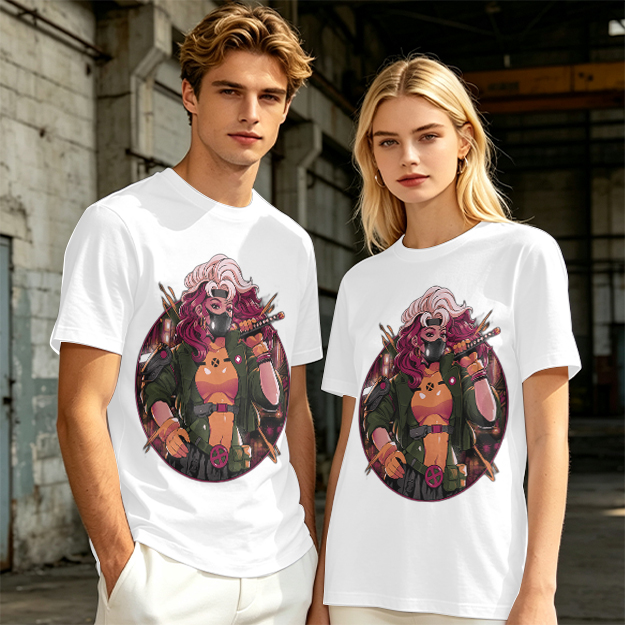 Olive T-Shirt with Anime Cyberpunk Female Warrior Print