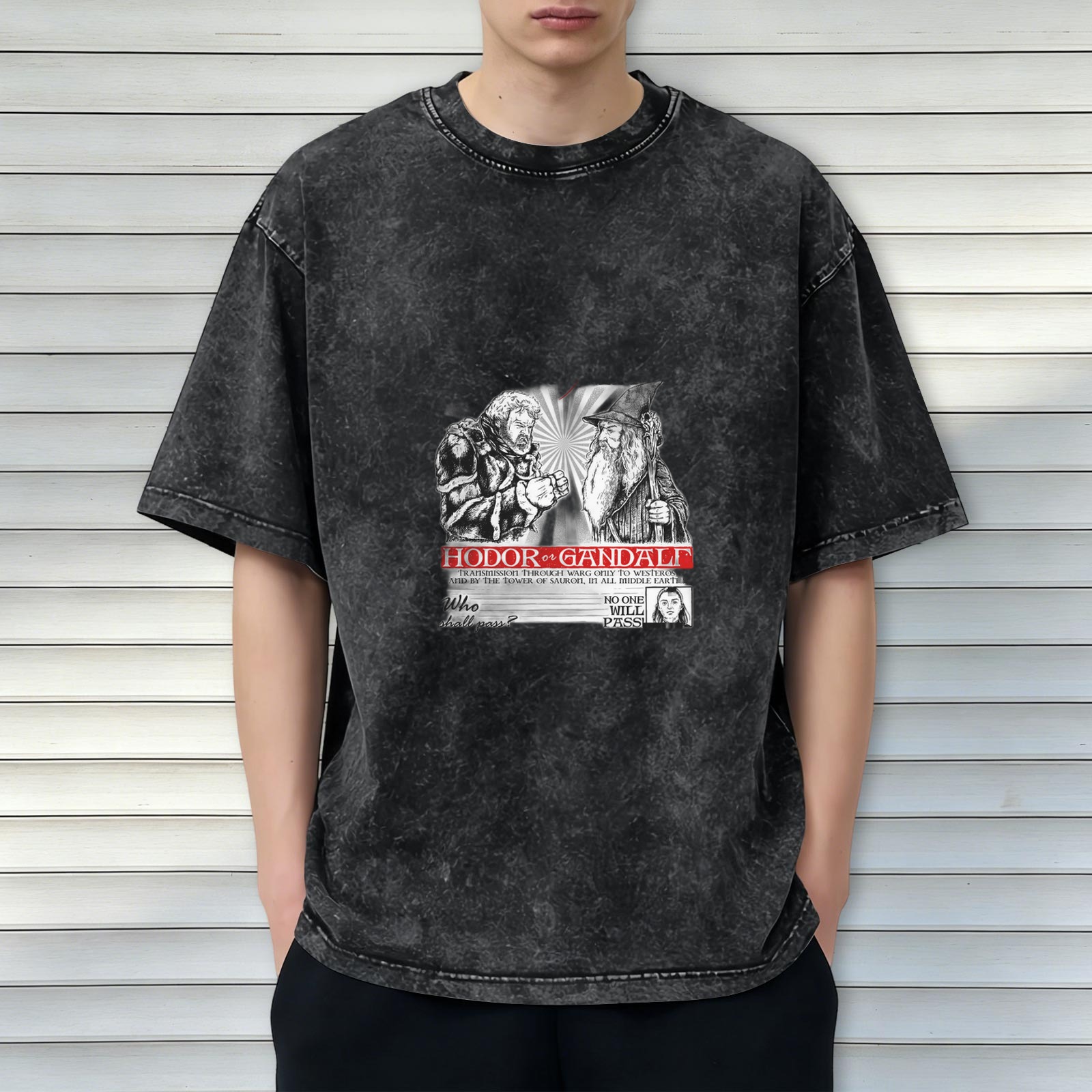 Hodor vs Gandalf Graphic Stonewashed T-Shirt Fantasy Crossover Tee