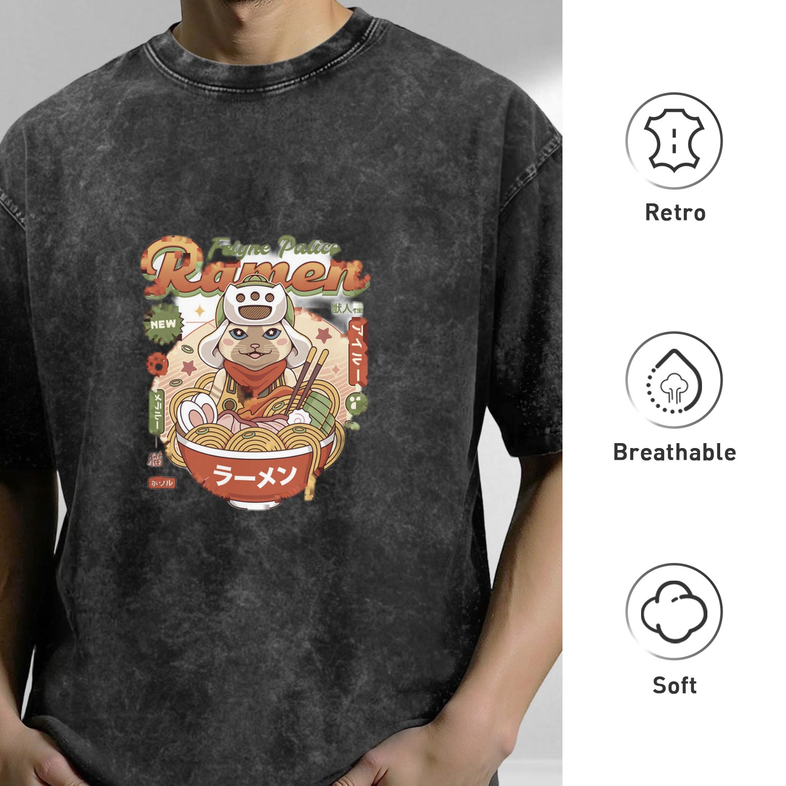 Oversized Acid Wash T-Shirt With Anime Ramen Cat Graphic