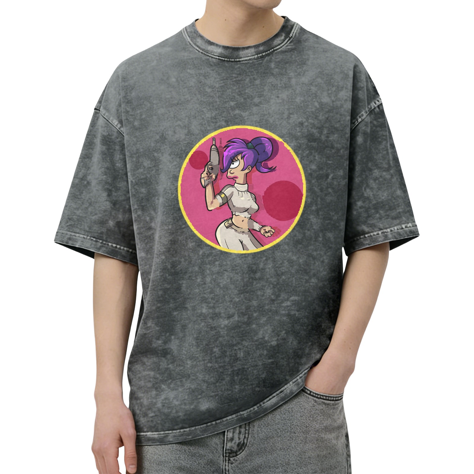 Washed black graphic tee with futuristic space character print