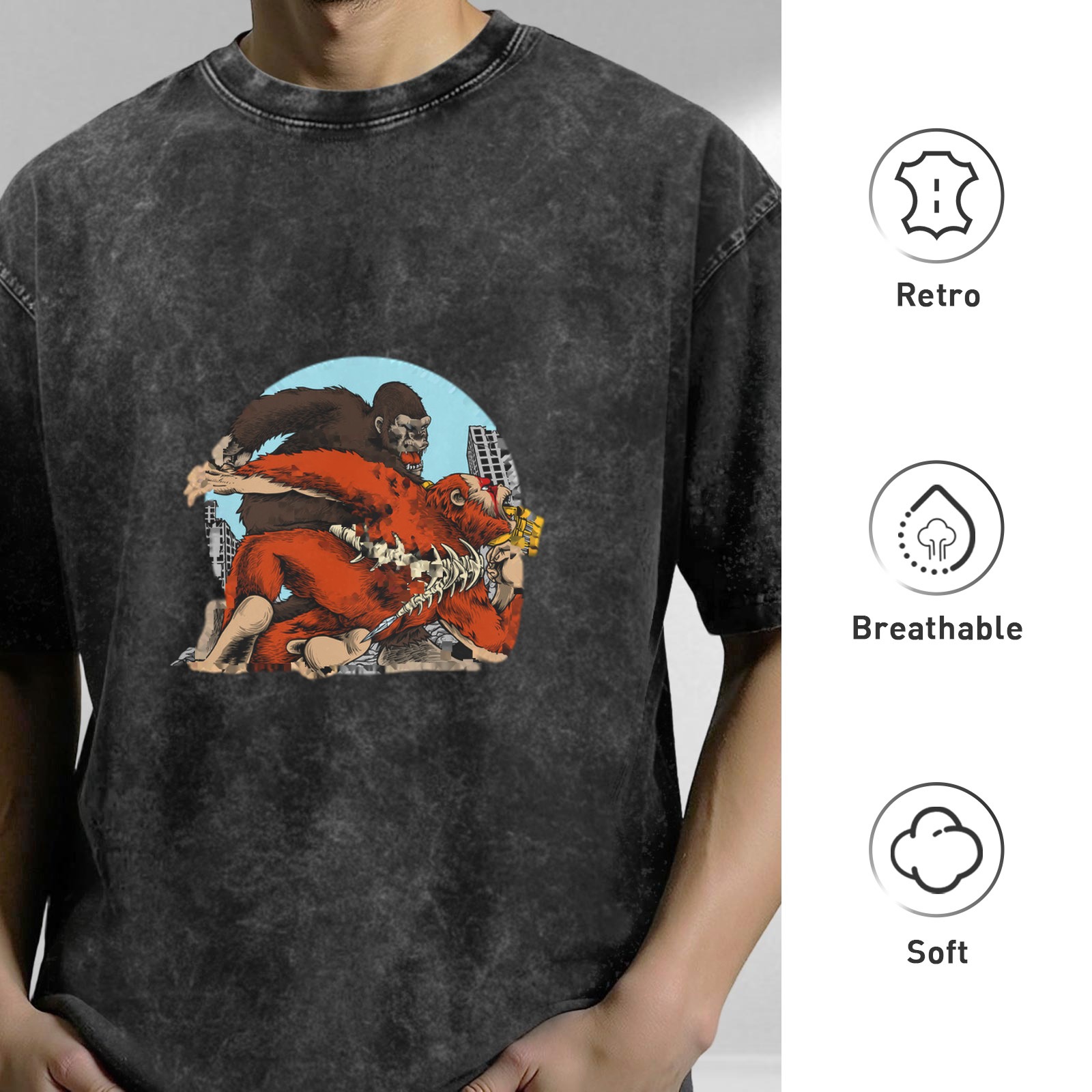 Washed black graphic t-shirt with giant ape monster battle print