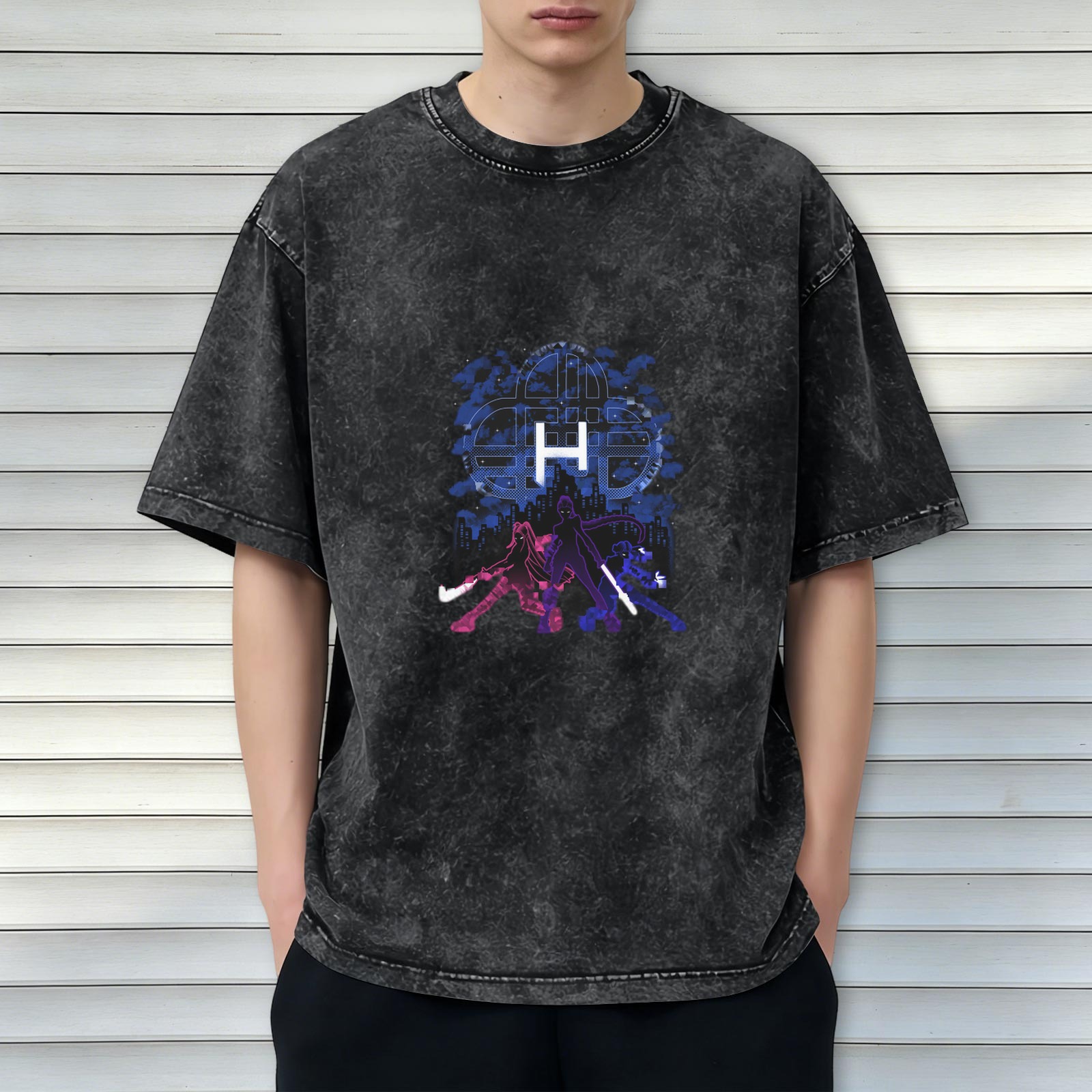 Washed black graphic t-shirt with anime hero silhouettes and cityscape design