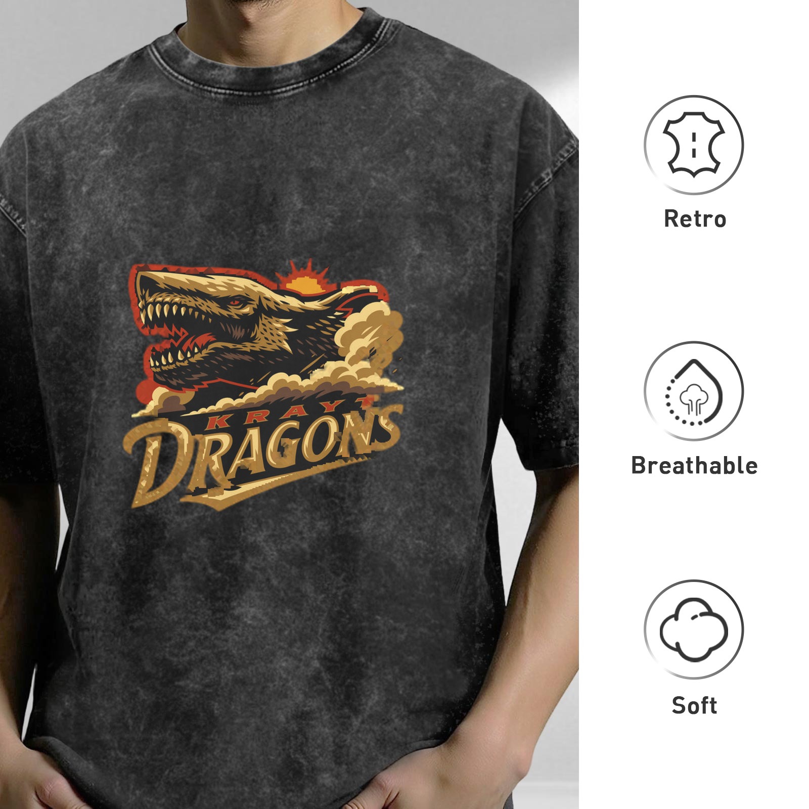 Oversized Acid Wash T-Shirt with Kray Dragons Graphic Print