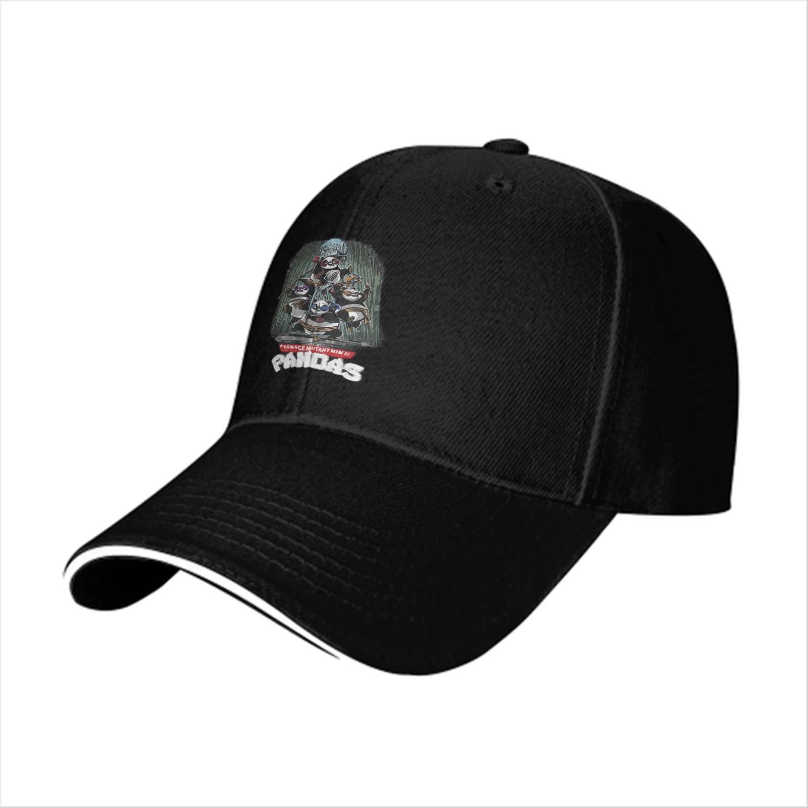 Black Baseball Cap With Teenage Mutant Pandas Graphic Print