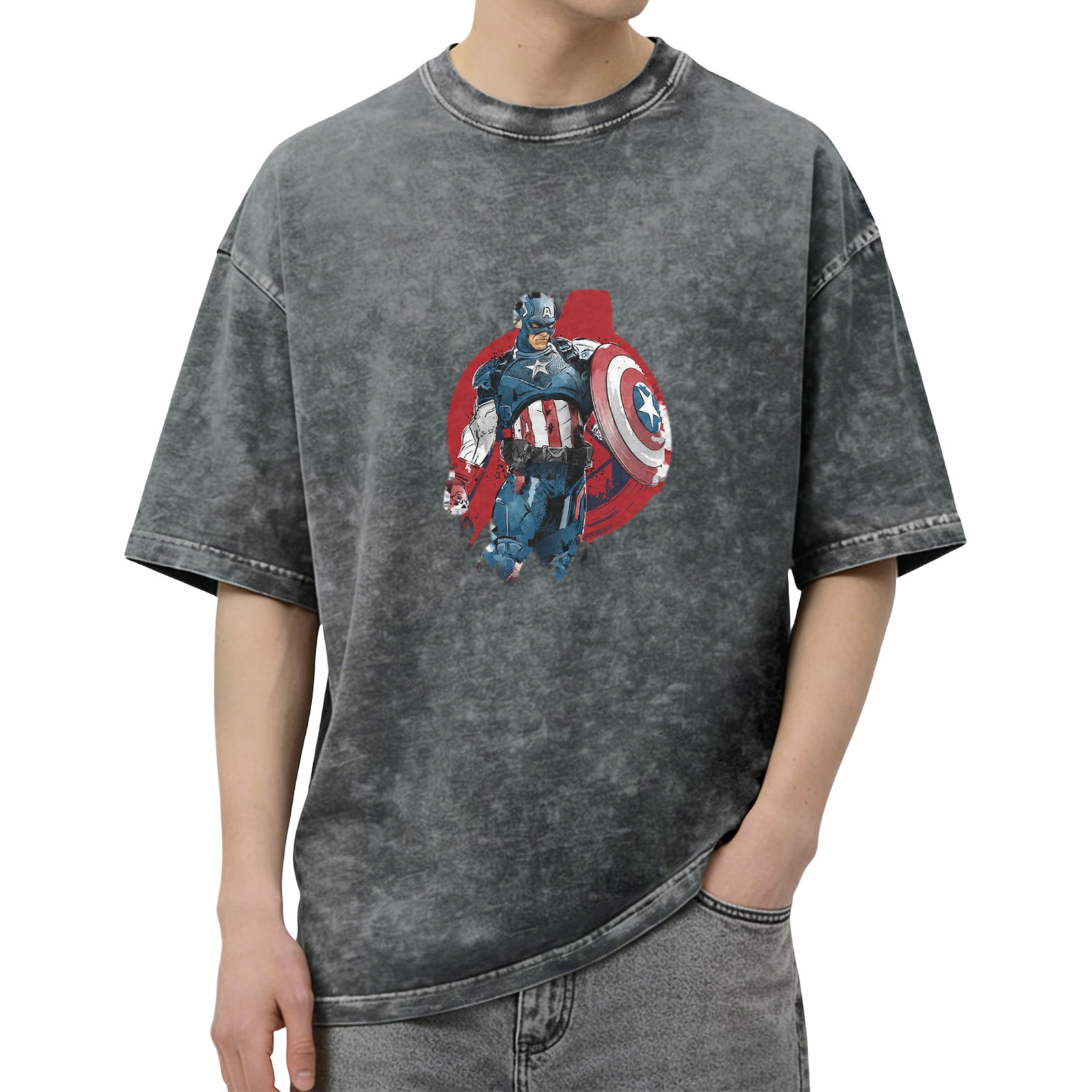 Oversized Acid Wash T-Shirt with Captain America Graphic