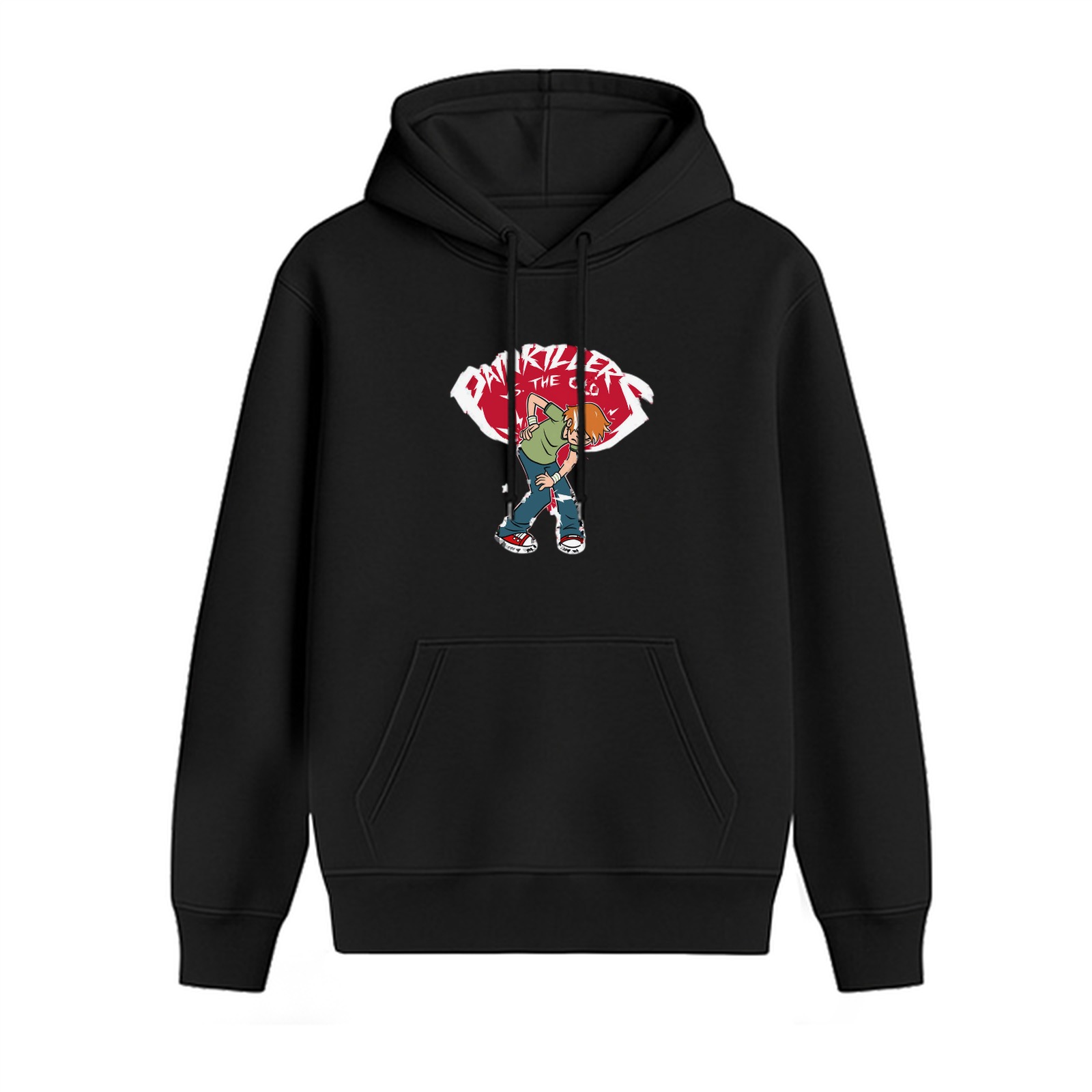 Black hoodie with cartoon character and red graphic print