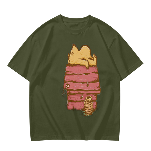 Olive T-Shirt with Bear Napping on Honey Pot Print