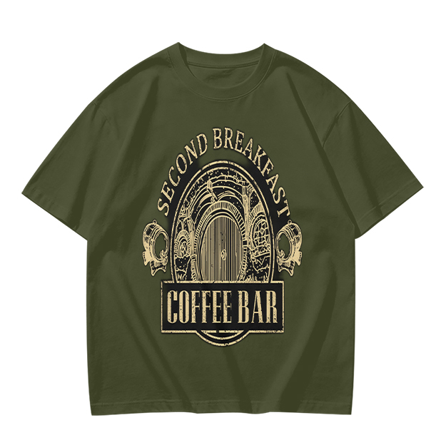 Olive Green T-Shirt with Second Breakfast Coffee Bar Graphic