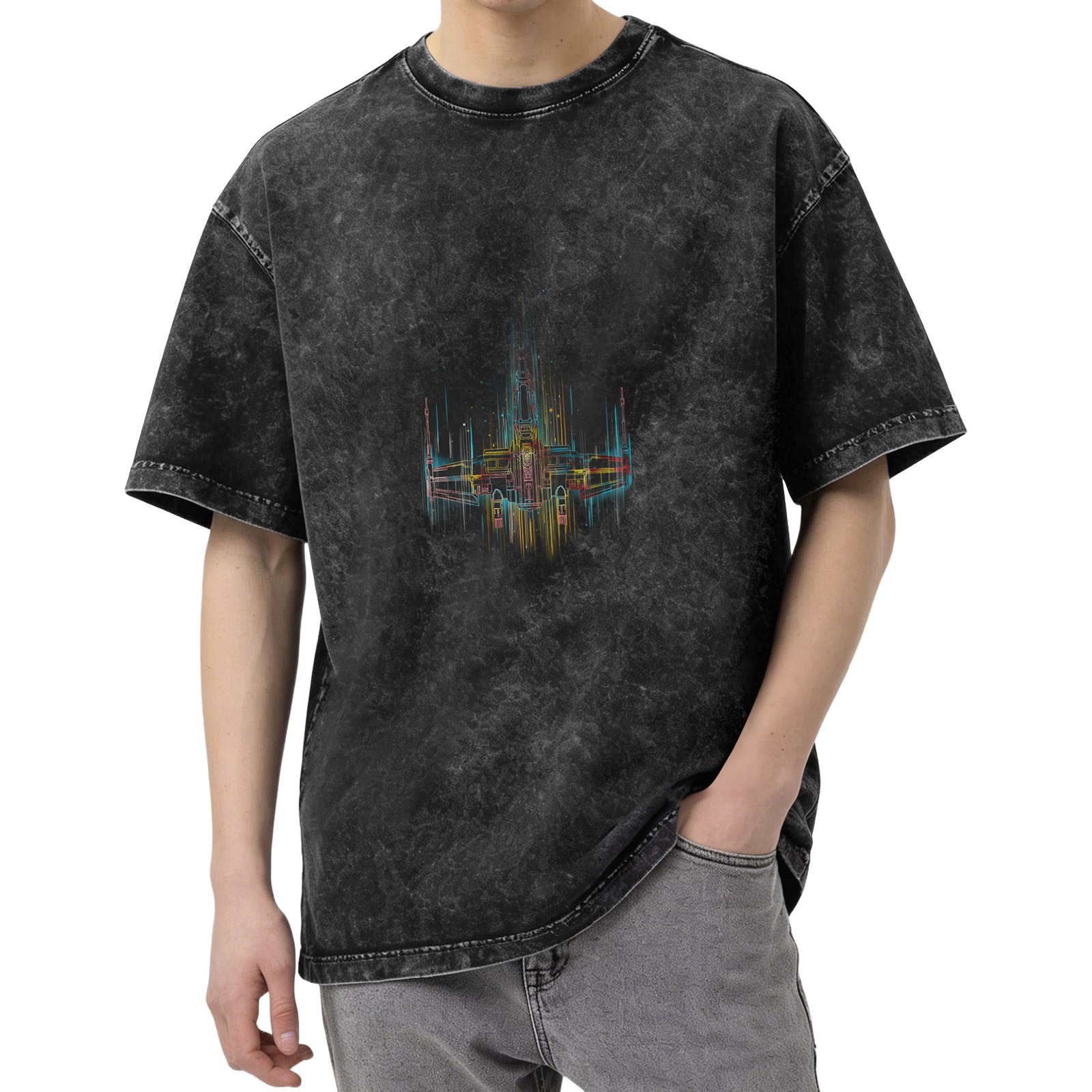 Oversized Acid Wash T-Shirt With Neon Spaceship Graphic