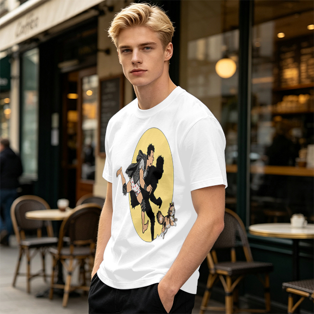 Olive T-Shirt With Cartoon Running Figure And Shadow Print
