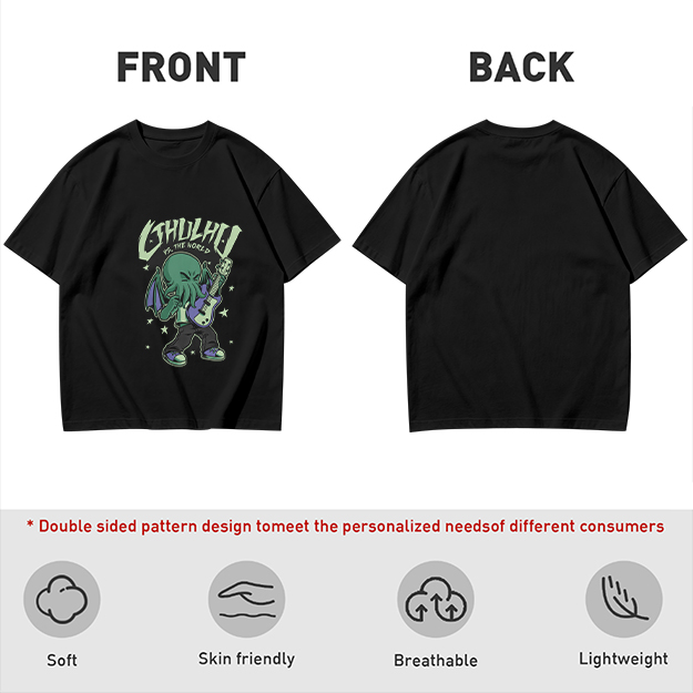 Olive T-Shirt Featuring Chibi Cthulhu Rocking a Guitar