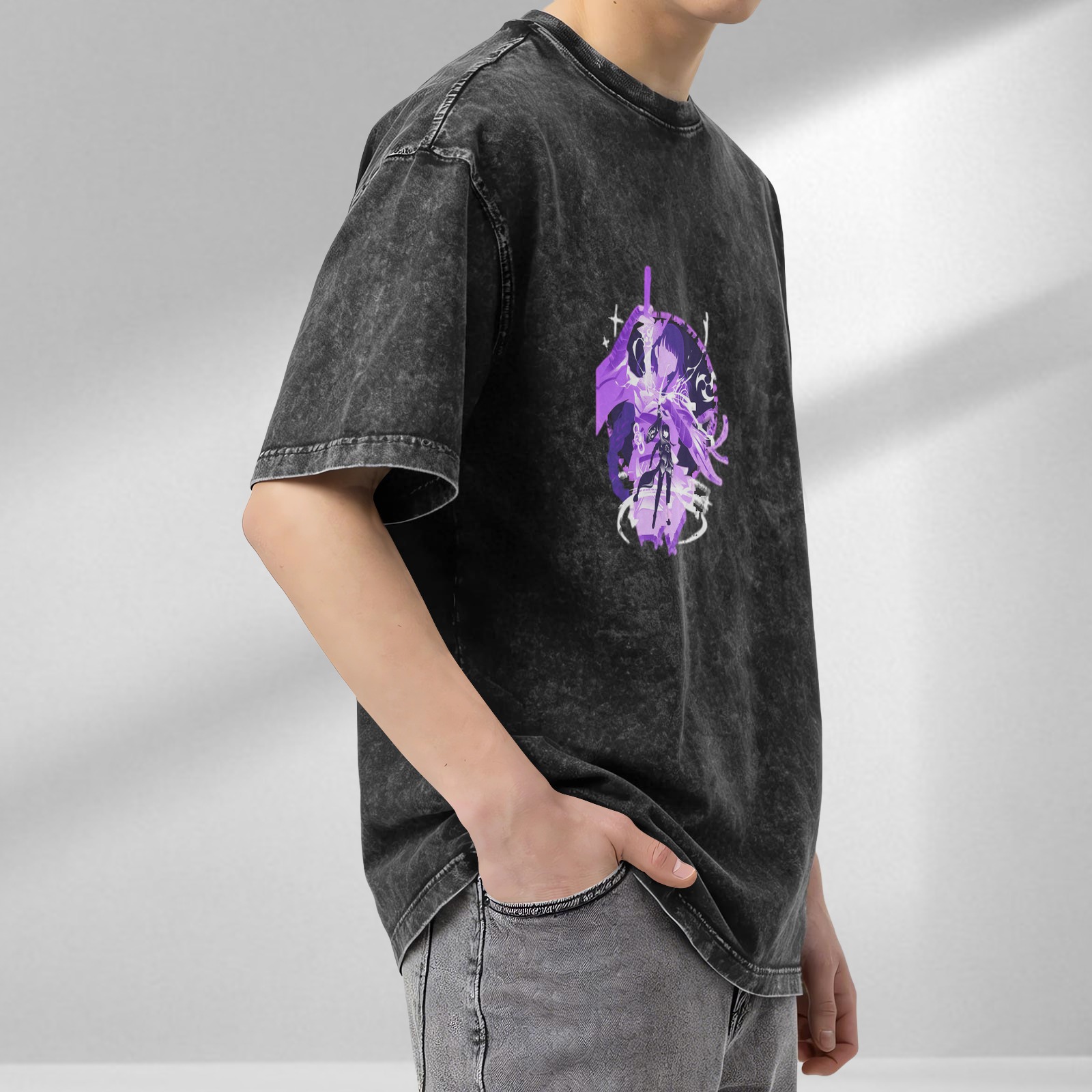 Washed Black T-Shirt with Purple Anime Character Graphic Print