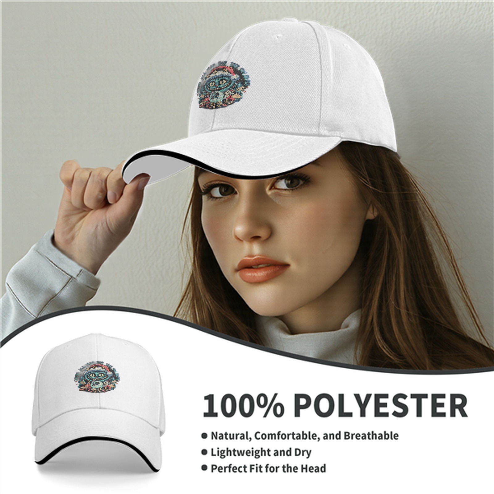 Black Baseball Cap With Cheshire Cat Holiday Christmas Print