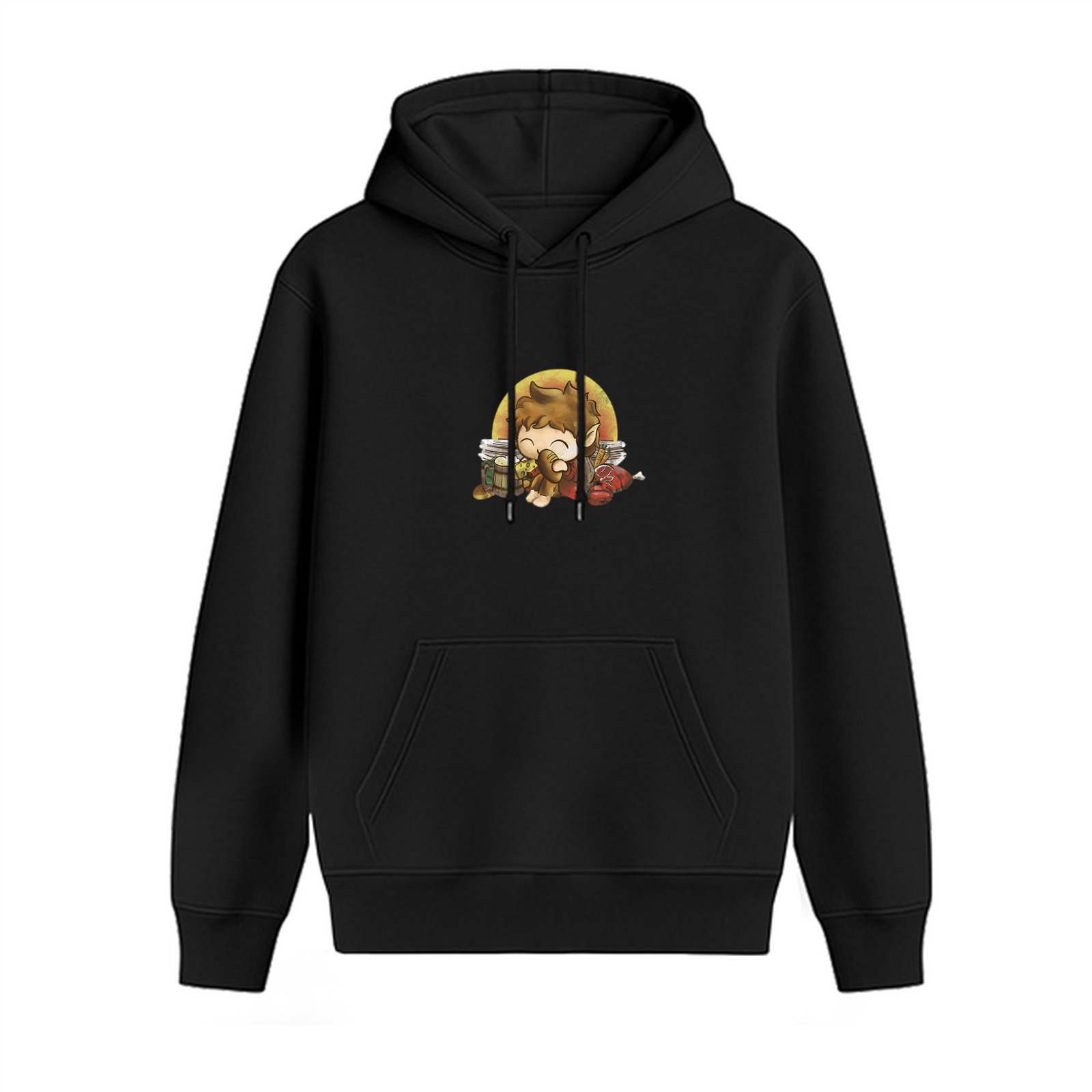 Black hoodie with chibi hobbit eating bread design