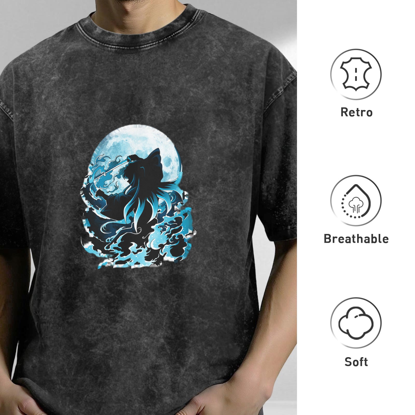 Oversized Acid Wash T-Shirt With Moon Wolf Silhouette Graphic
