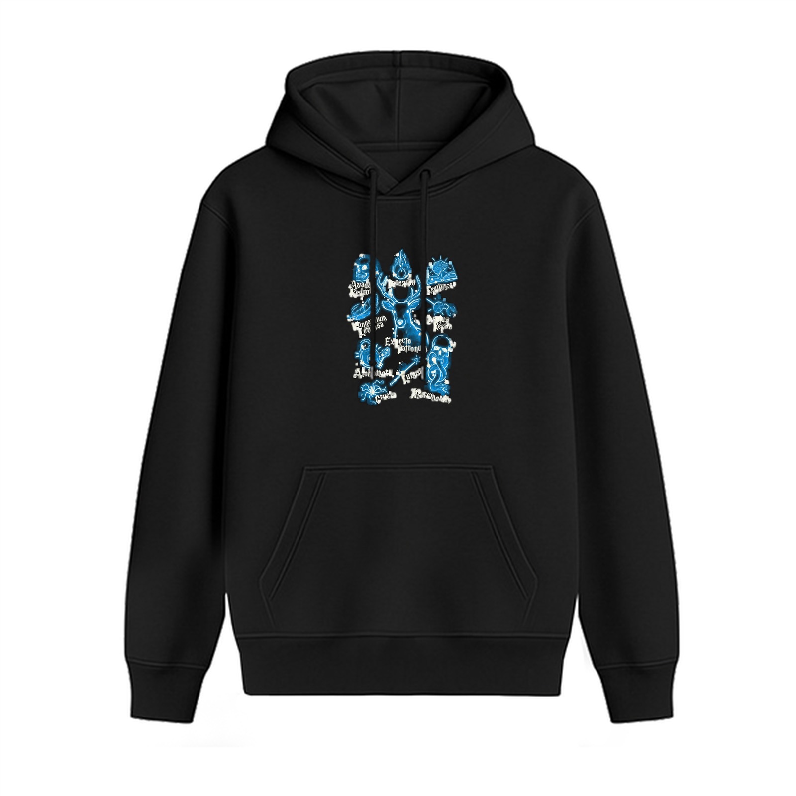 Black Hoodie With Blue Fantasy Constellation Style Graphic Print
