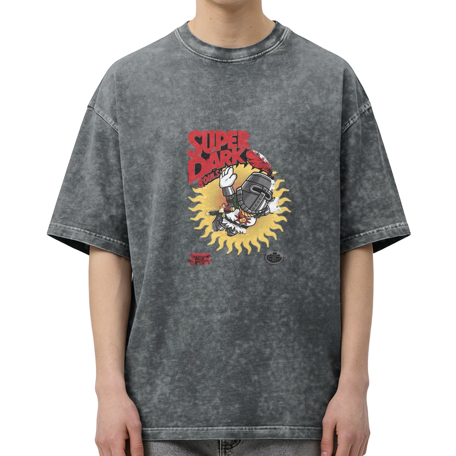 Distressed washed black loose short-sleeved T-shirt Game themed print Dark Souls Sun Knight design